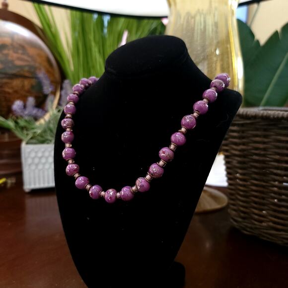 Vintage 24 Inch Purple Beaded Necklace Hand Painted Floral Accents 1980s Jewelry - Picture 1 of 10